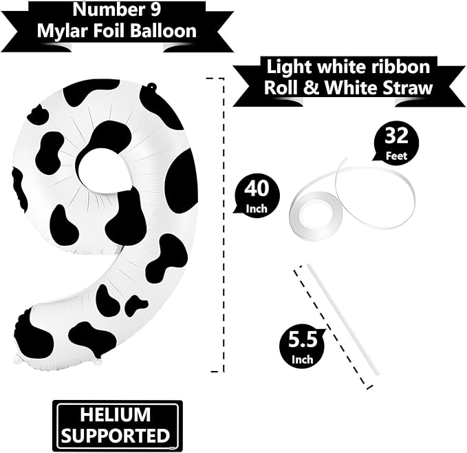 40 Inch Cow Print Balloons - Number 9 Balloons for 9th Birthday Decorations, Large Cow Number Balloons for Western Party Decor