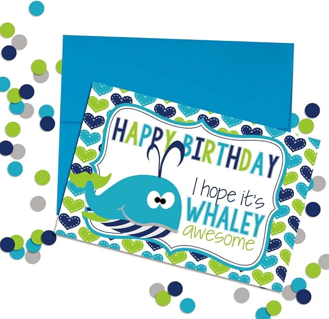 WHALEY Awesome Whale Themed Birthday Pun Themed Single (1) All Occasion Blank Birthday Card To Send To Friends & Family, 4"x 6" (when folded) Fill In Greeting Note Card by AmandaCreation