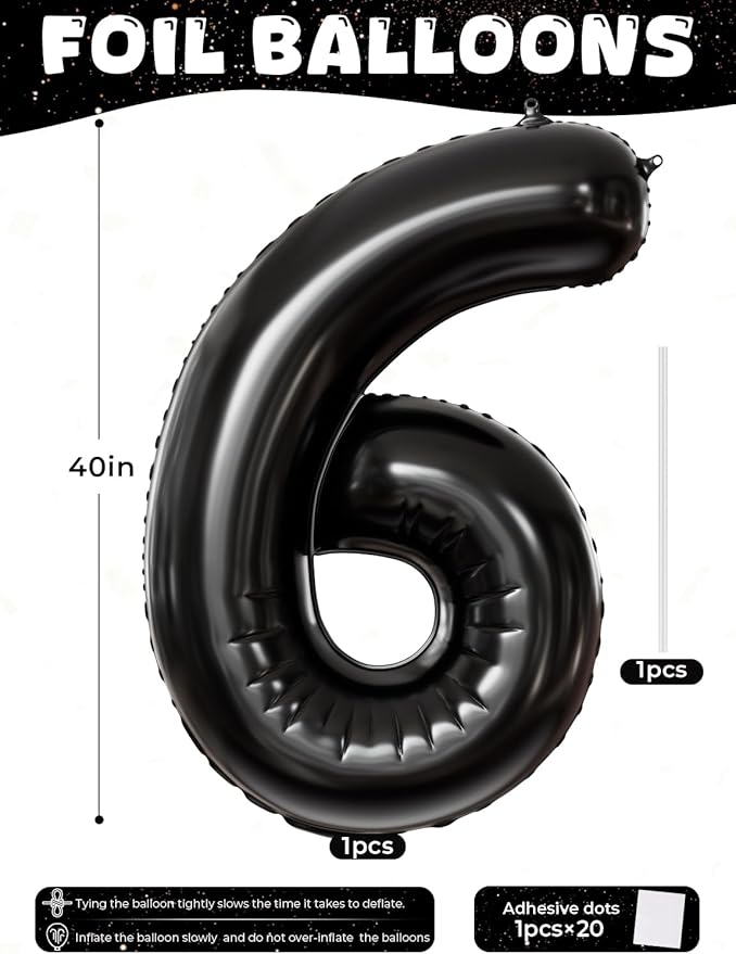 Black Number 6 Balloons – 40 Inch Giant Foil Number Balloon, Black Number Balloon for Men Women Boys Girls Birthday Graduation Anniversary Party Decorations
