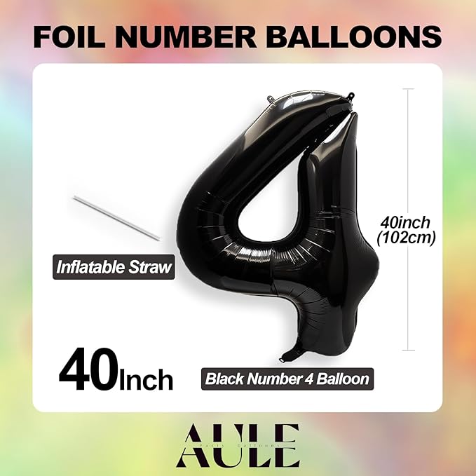 AULE 40 Inch Jumbo Black Foil Mylar Number Balloons for Men Women 40th Birthday Party Decorations 40 Years Old Anniversary Party Supplies