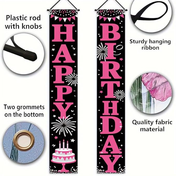 12x71 inch Birthday Party Porch Banner Durable pink and black fireworks cake design, suitable for indoor and outdoor hanging decorations for birthdays, anniversaries, or graduation ceremonies. Made of weather resistant polyester material, it is easy to...