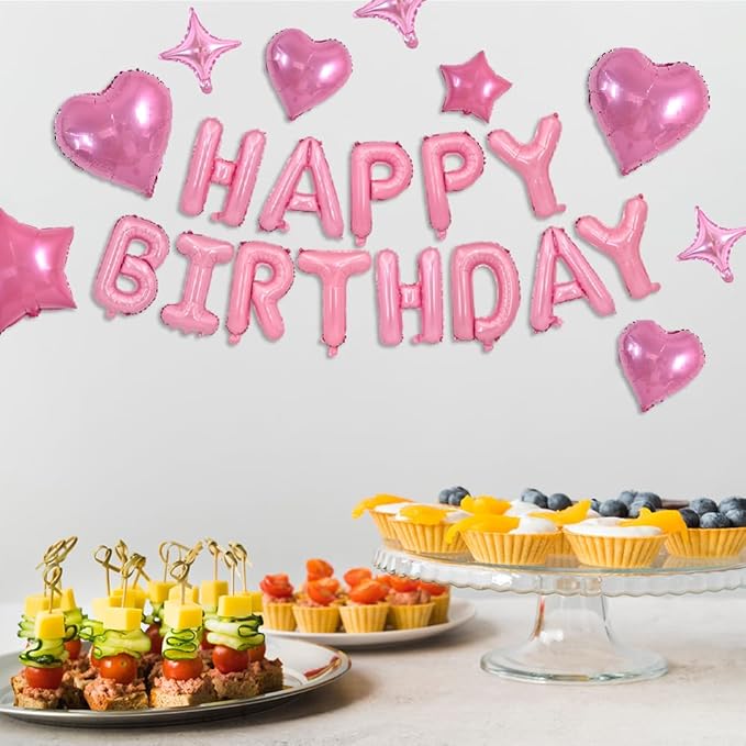 TONIFUL 35PCS Light Pink Happy Birthday Decorations 16 Inch Happy Birthday Balloon Banner with Star Balloons Mylar Foil Birthday Party Decorations Supplies for Men Women Adults Girls Boys Kids