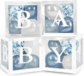 Baby Shower Boxes with Letters – White Boxes with White, Dusty Blue, Light Blue and Confetti Balloons – 44-Piece Gender Reveal & Party Decoration Set by Vellax