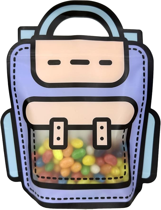 PABCK 30 Pack Plastic Gift Bags Cartoon Goodie Bags 7.09x8.27 inch Backpack-shaped Candy Packaging Bag with Handle Resealable Treats Birthday Party Favor Stand Up (10 Blue,10 Purple and 10 Orange)