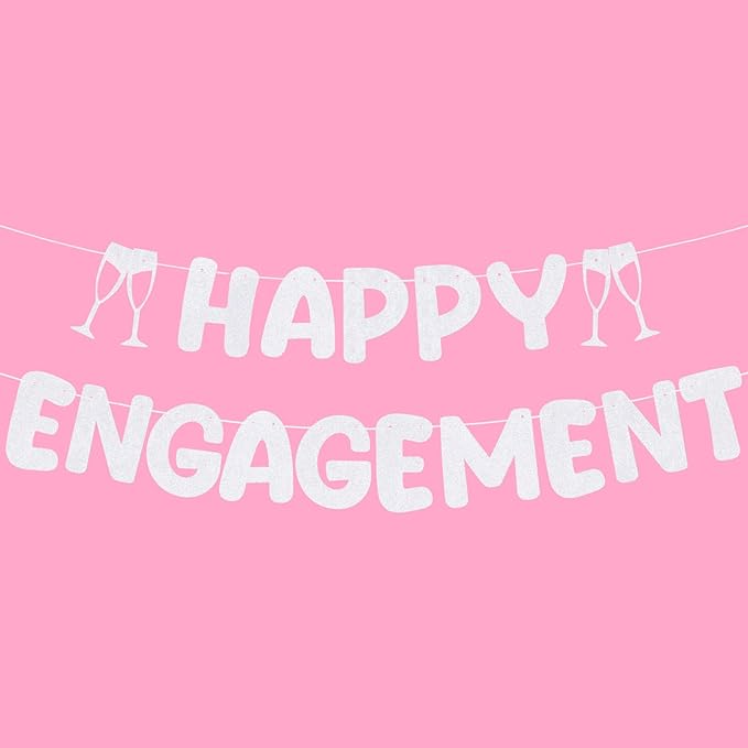 Breling Pre Strung Happy Engagement Banner Glitter Engagement Party Decorations for Congratulations Engaged Wedding Shower Signs Decor(White)