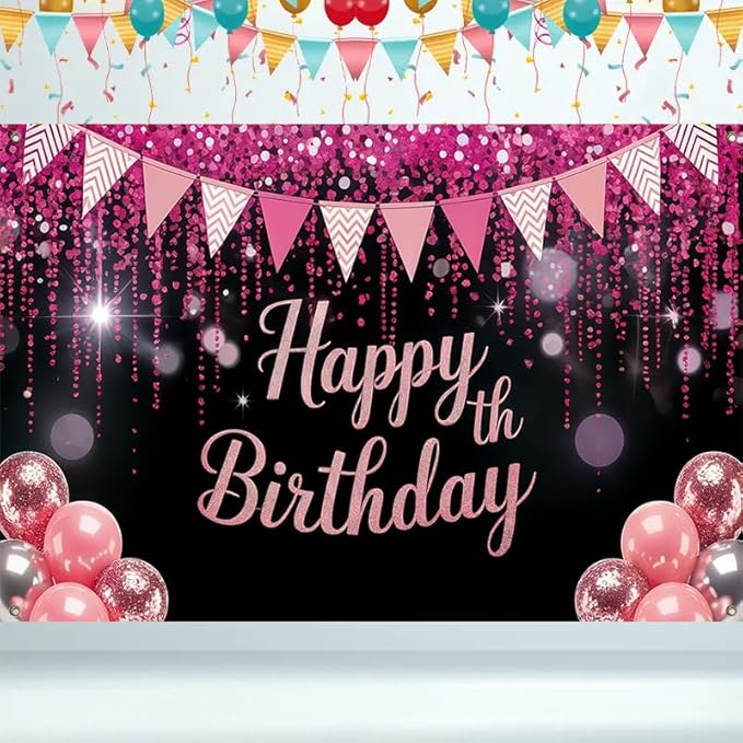 Happy Birthday Banner Pink Glitter Party Decoration Banner 71 x 43 Inch Birthday Celebration Backdrop Wall Hanging Decoration Indoor Party Display