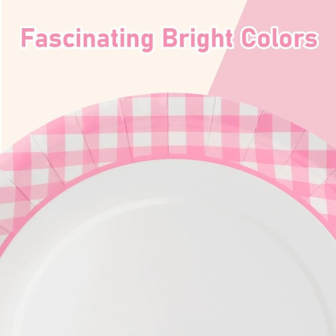 168PCS Party Plates, Scalloped Gingham Paper Plates and Cups and Napkins Sets Party Supplies for Birthday Wedding Bridal Shower Baby Shower Picnic, Serve for 24 Guests (Pink Gingham)