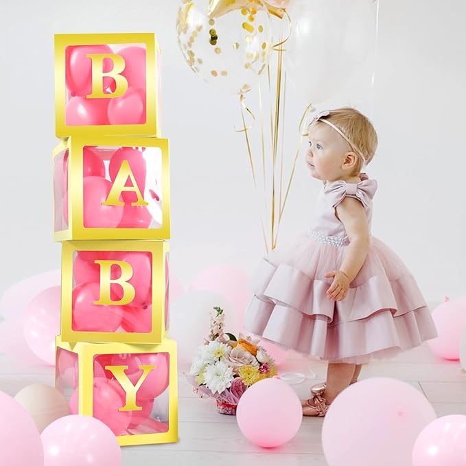 Baby Boxes with 4 PCS Letters for Baby Shower White Clear Balloon Box Blocks Gender Reveal Decorations and Birthday Party (Gold)