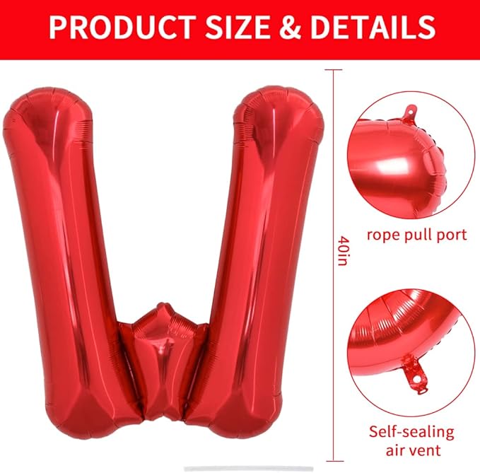 TONIFUL 40 Inch Large Bright Red Letter Balloons A-Z, Giant Jumbo Helium Foil Mylar Big Letter W Balloons for Birthday Party Anniversary Wedding Decorations