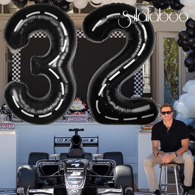 Race Car 40Inch Black 32 Balloon Number Large Helium Race Track 0-9 Giant Digital 32nd Foil Mylar Big Party Number Balloons for Boy Birthday Car Theme Party Anniversary Graduation Decorations