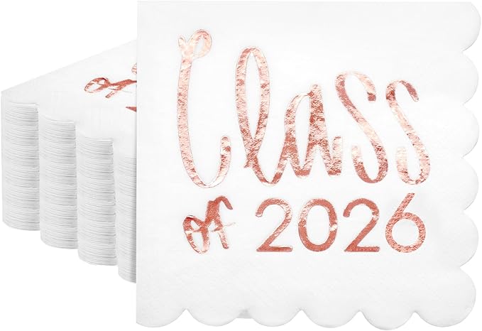 100 Pcs Class of 2026 Graduation Cocktail Napkins 5 x 5 Inch Congrats Grad Scalloped Paper Napkins for Dinner Beverage Graduate Decorations(Rose Gold)