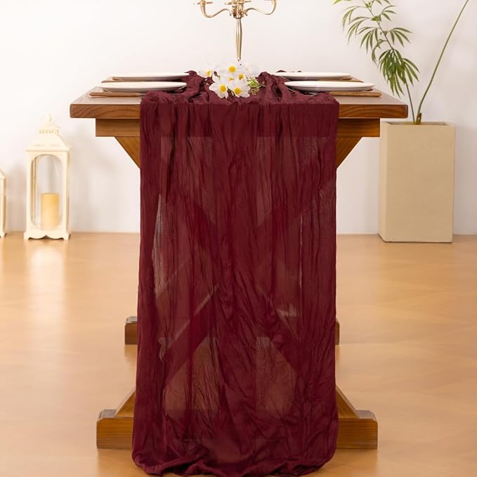 Socomi Burgundy Red Easter Spring Table Runner Cheesecloth Boho Rustic Gauze 120 inch 10FT Cheese Cloth Runner for Wedding Party Baby Shower Birthday Home Decor Holiday Decorations