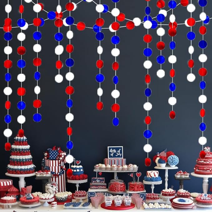 Patriotic Circle Dots Hanging Garland Red White and Blue Hanging Circle Dots Streamer Glitter Circle Backdrop for 4th of July, Independence Day, Memorial Day, Veterans Day, Labor Day Decor 40 Feet
