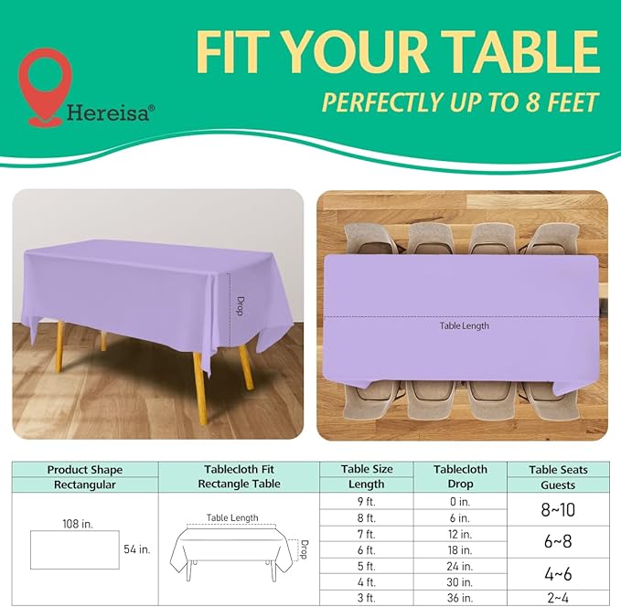 Disposable Lavender Plastic Tablecloth 54x108 Inch, 10-Count Waterproof Rectangle Table Cover for Events, Catering