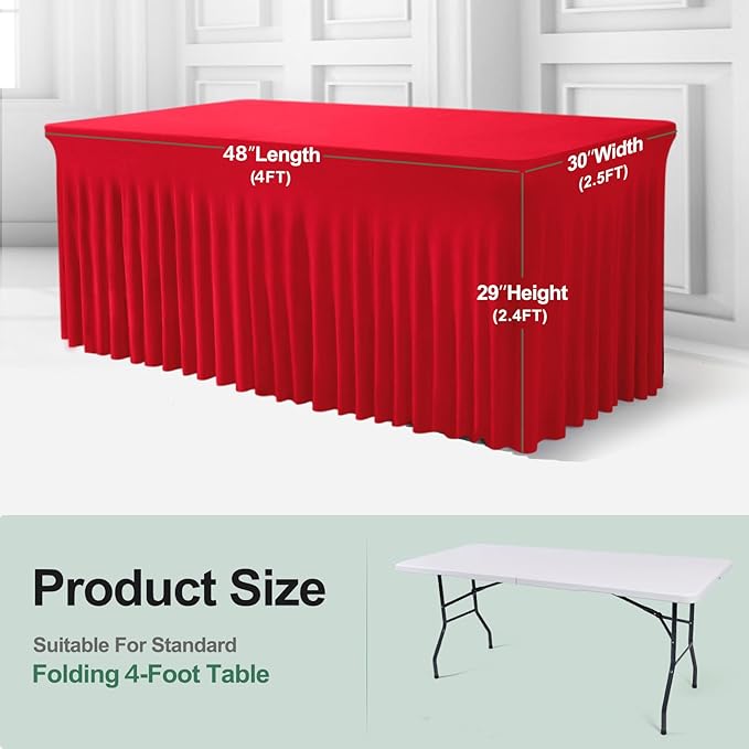 Table Skirt for 4 Foot Tables - One-Piece Red Tablecloths and Skirt, Wrinkle Resistant Ruffles Elastic Cover for Banquets, Weddings, Events, Parties