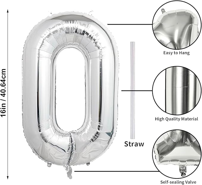 16 In Silver Large Numbers Balloons 0-9, Self Inflating Number 0 Balloons for Boys Girls, Big Silver Digit 0 Balloons for Women Men Birthday Party Anniversary Wedding Supplies Decorations