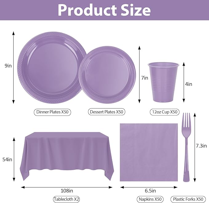 Lavender Plastic Plates for Party,50 Guest Disposable Plastic Plate Set 9" Plates,7" Dessert Plates,Napkins,12 oz Cups,Forks & Tablecloth for Baby Shower,Wedding,Birthday,Afternoon Tea Party