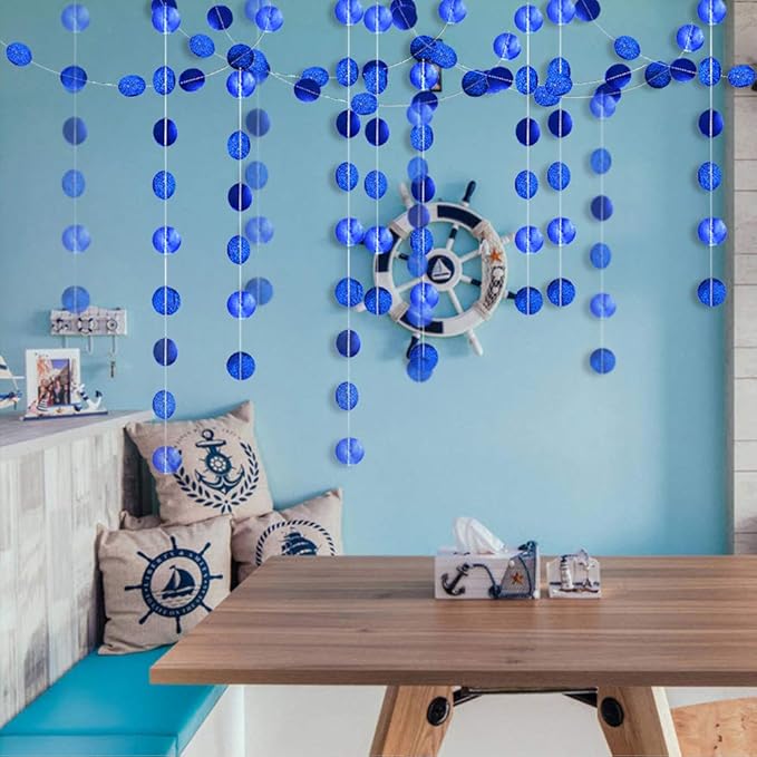 Cheerland Royal Blue Circle Dot Garland Glitter Blue Birthday Decorations Banner Hanging Streamers Photo Backdrop Party Decorations for Bday Bridal Shower Graduation Kids Party Decor Supplies