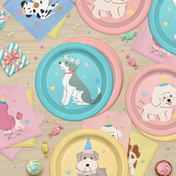 48Pcs Pet Dog Birthday Party Plates and Napkins for Kids Baby Shower Tableware Pet Dog Supplies Retro Puppy Birthday Party Decorations