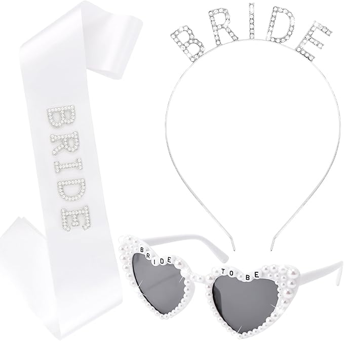 Bride To Be 3-Piece Set - Rhinestone BRIDE Headband, Pearl Heart Sunglasses & Rhinestone Sash for Bachelorette Party, Bridal Shower & Wedding Celebrations