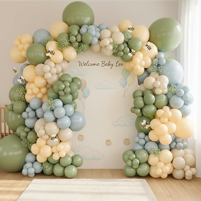 184Pcs Classic Winnie Balloon Garland Arch Kit - Classic Bear Theme Party Decorations with Blue Yellow Sage Green Sand White Balloons for Baby Shower Girl Boy Birthday Party Decorations