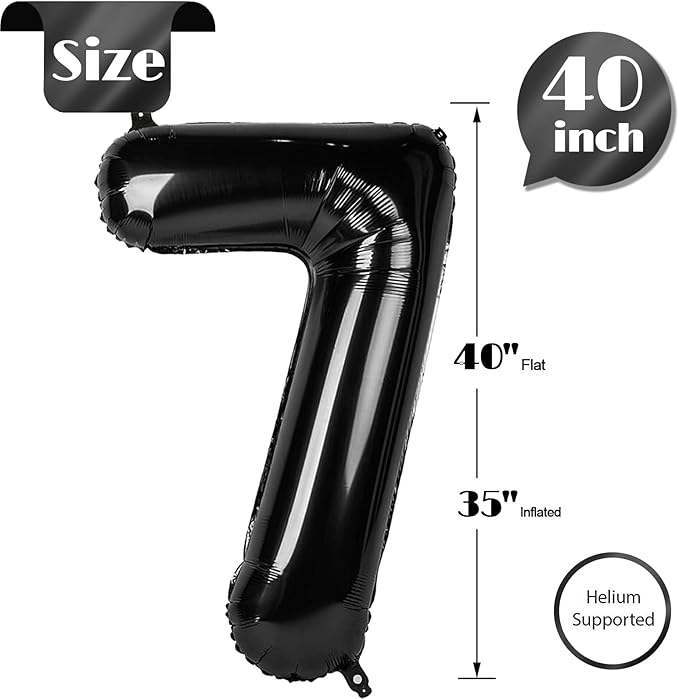 Black Number 7 Balloon 40 Inch, 7 Balloon Number, 7th Birthday Decorations, Black Party Supplies for Boys Girls