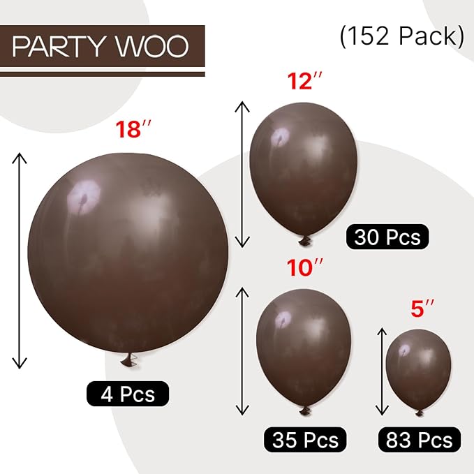 PartyWoo Dark Brown Balloons 152pcs Different Sizes of 18 12 10 5 Inch Boho Coffee Neutral Fall Balloon Arch Kit for Bachelorette Baby Shower Anniversary Birthday Party Decorations Brown-F20