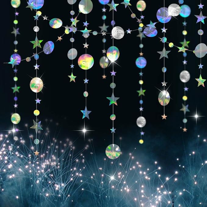 Cheerland Iridescent Party Decorations Holographic Star Garland Hanging Stars Moon Streamer Galaxy Birthday Decoration Ramadan Eid Banner Baby Shower Backdrop Space Alien Celestial Party Decor