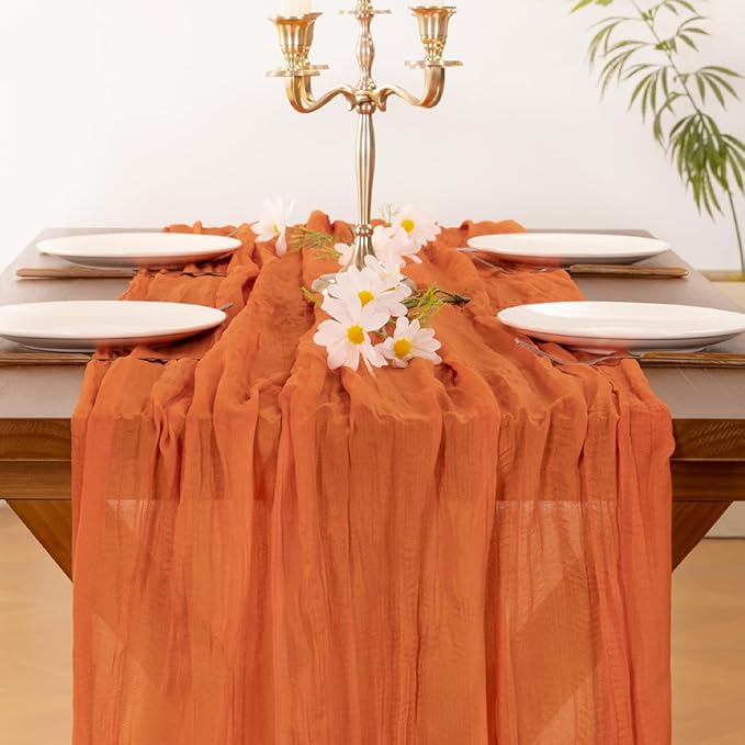 Socomi Orange Easter Spring Cheesecloth Table Runner Boho Rustic Gauze 120 inch 10FT Cheese Cloth Runner for Wedding Party Baby Shower Birthday Home Decor Holiday Decorations