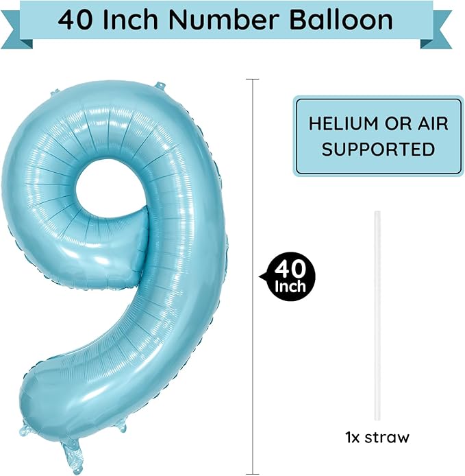 40 Inch Light Blue Number Balloon 9, Large Baby Blue Number 9 Balloons for Birthday Party Decorations, Blue Foil Mylar Birthday Balloons