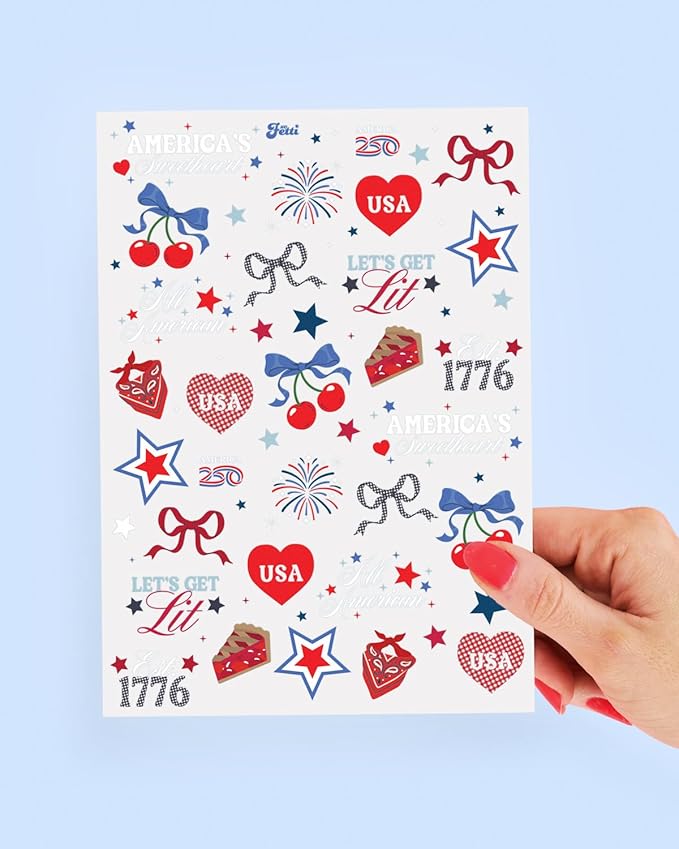 xo, Fetti America 250 Tattoos, 4th of July -60 Temporary Tattoos | USA, Red White Blue, Stars, Fireworks, Patriotic Party Decor, Kids Party, All American