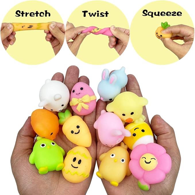 24 PCS Easter Mochi Squishy Toys Stress Relief Squishies for Kids Boys Girls Toddlers Easter Basket Stuffers Egg Fillers Gifts Party Favors