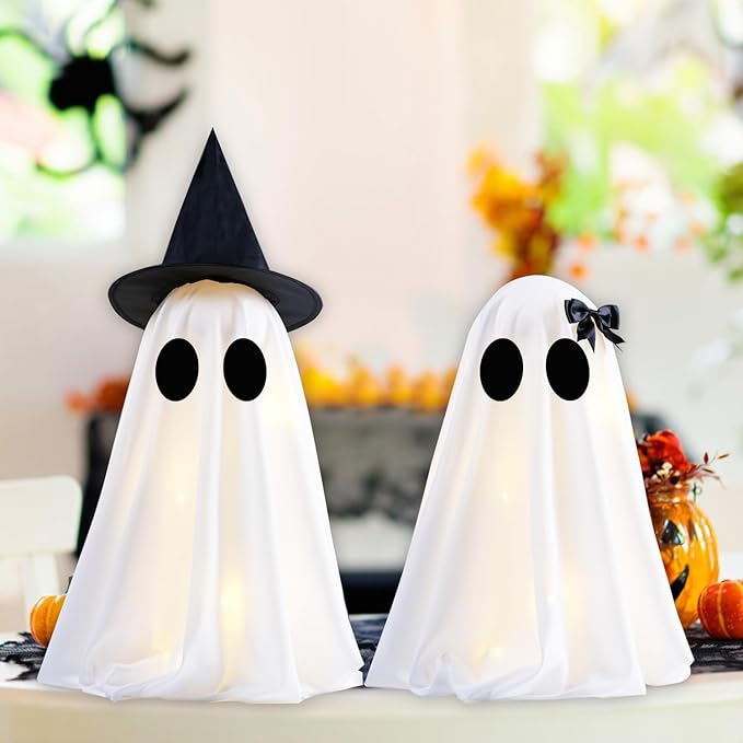 [Timer] Light Up Halloween Scary Ghost Decorations, Set of 2 DIY Spooky Crafts for Indoor Home Mantel Shelf & Tabletop Decor White