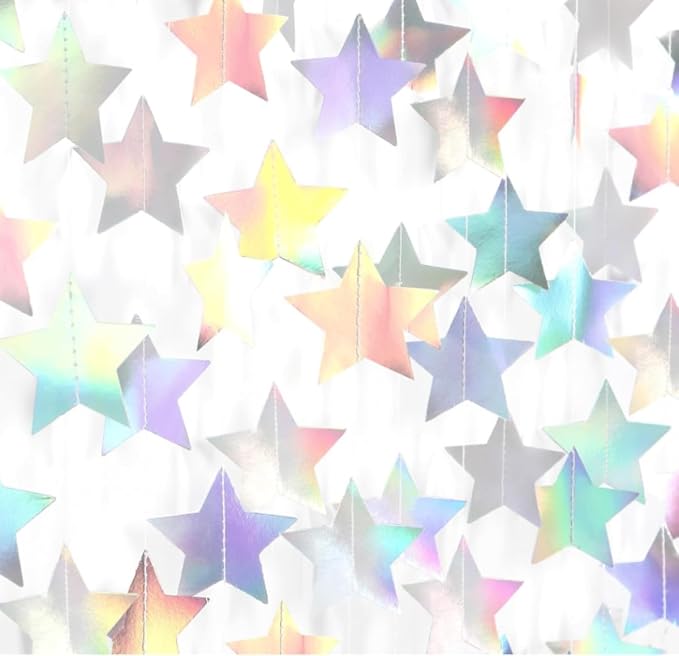 Iridescent Glitter Star Garland Hanging Decorations, Streamer Bunting Banner Decorations,65 Feet, Twinkle Star Backdrop for Graduation, Birthday, Wedding, Christmas Party, New Year (Iridescent)