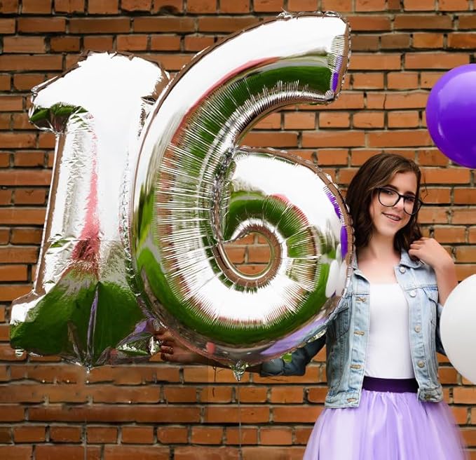 Large Silver 16 Number Balloons, 40 Inch Jumbo Number 16 Balloon, Silver Foil Mylar Balloons for Girl Sweet 16th/61th Birthday Party, Anniversary Decorations