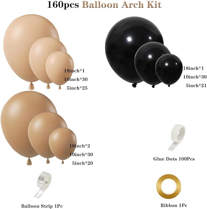 160Pcs Black Brown Nude Balloon Garland Arch Kit Dark Brown Nude Tan Black Balloons for Boy First Rodeo Wild West Country Birthday Farm Fiesta Party Decorations
