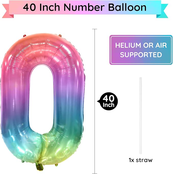 40 Inch Rainbow Number Balloon 0, Large Number Foil Mylar Balloons for Birthday Party Celebration Decorations Supplies, Digital Balloons for Wedding Anniversary Events Decorations
