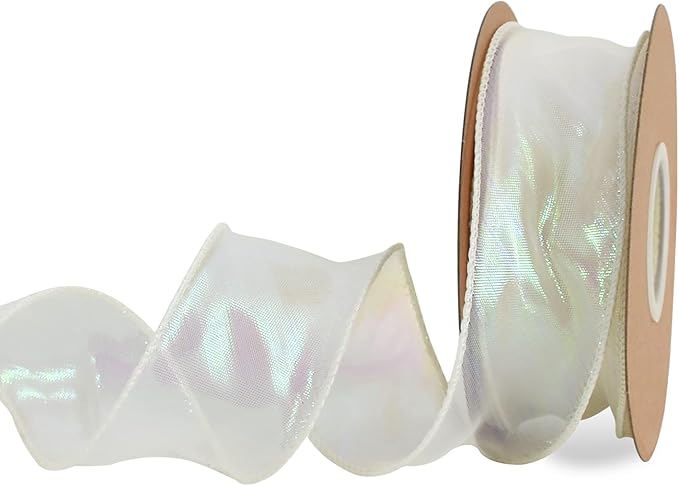 TONIFUL 1-1/2 Inch Wide Laser White Wired Chiffon Ribbon Shimmer Sheer Organza Ribbons for Crafts Floral Bouquets Wedding Party Decorations Valentine's Day Gift Wrapping Bow Making Wreaths (10yd)