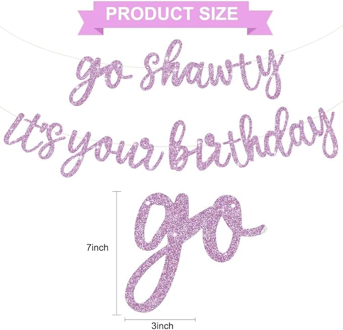 BEISHIDA Light Purple Go Shawty It's Your Birthday Banner - NO DIY - Hip Hop Theme Glitter Happy Birthday Banner - Pre-Strung - Light Purple Rap Theme Happy Birthday Sign for Man Women birthday Party