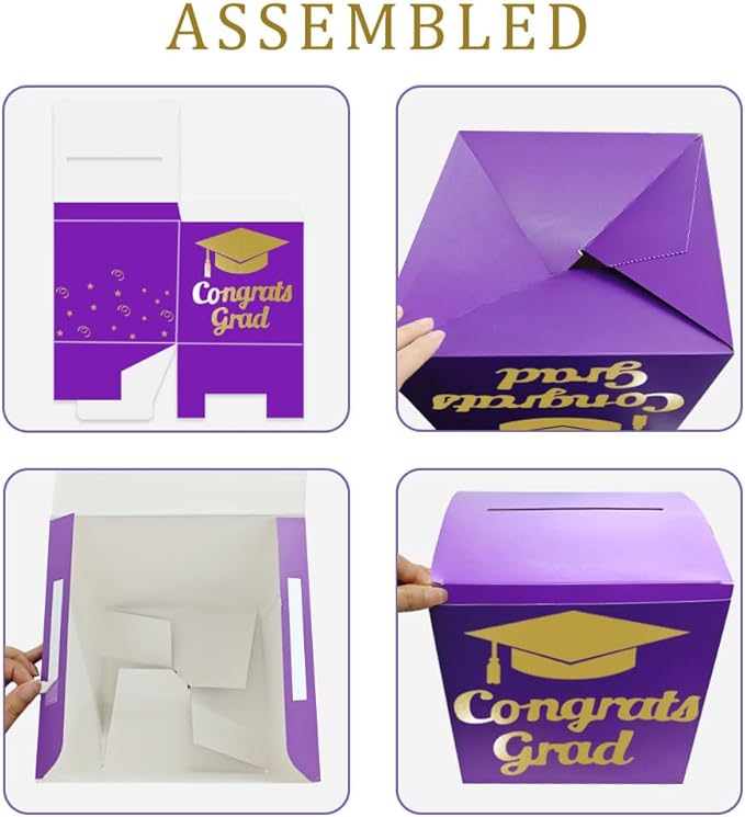 Graduation Card Box Holder, Congrats Grad Foldable Cardboard Decorations Box for Graduation Party Decoration and Grad Parties (Purple)