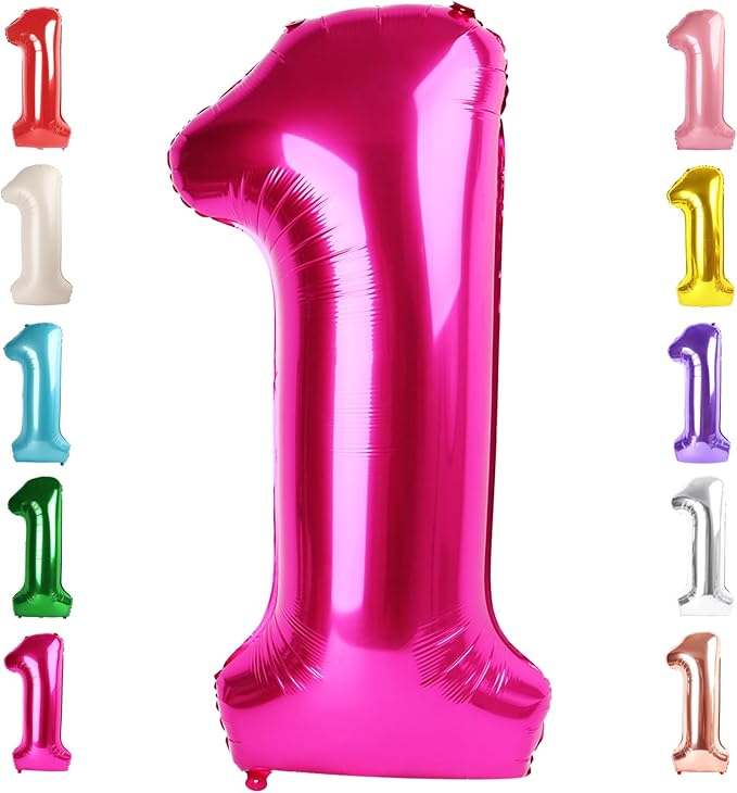Number Balloons 1, 40 Inch One Balloons for 1st Birthday Girl Boy 1 11 21 Party Decorations Baby Shower Photo Shoot, Hot Pink 1 Balloon