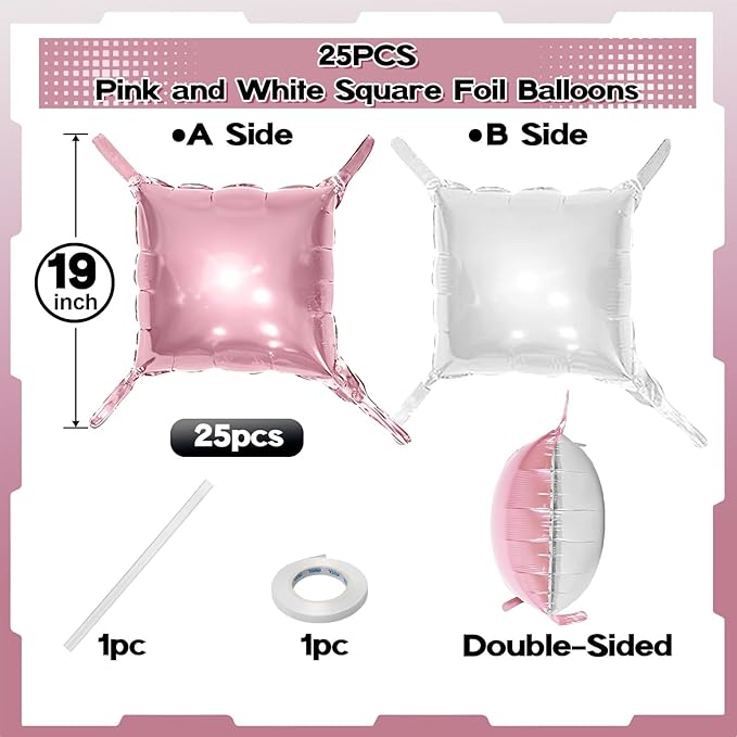 Pink White Square Foil Balloons, 25PCS Double Sided Pastel Pink and Pearl White Square Balloons Backdrop Wall Party Decorations for Girls Women Princess Fairy Birthdays Wedding Baby Shower Valentines
