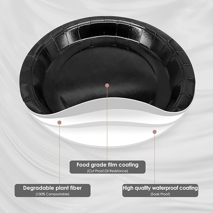 Severs 25 Guests Black Paper Plates 9 Inch,Bulk Black Paper Plates Cups Napkins and Tablecloth,Disposable Cake Plates Paper Plate Black for Birthday Wedding Party