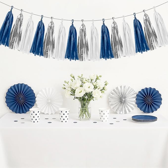 Silver Navy-Blue White Birthday-Party-Decorations - 15Pcs Tissue Paper Tassel Garland Graduation Christmas Decoration Baby Shower Bridal Wedding Engagement Bachelorette Hanging Decor HongTongTong
