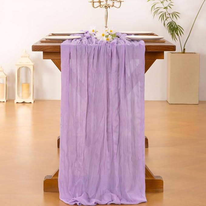 Socomi Lilac Purple Lavender Cheesecloth Table Runner Easter Spring Boho Rustic Gauze 120 inch 10FT Cheese Cloth Runner for Wedding Party Baby Shower Birthday Home Decor Holiday Decorations