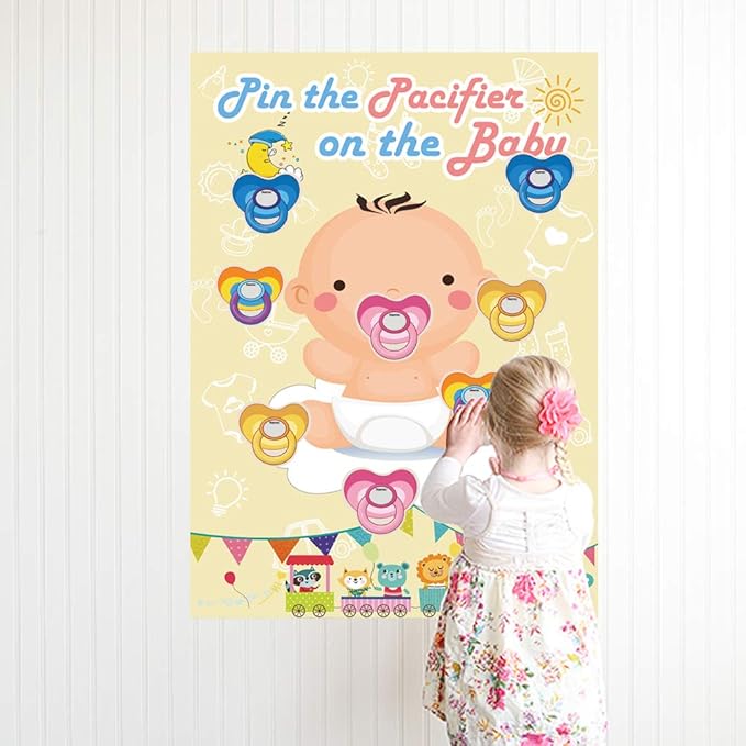 Hxezoc Pin The Pacifier On The Baby Game - Large Poster for Baby Shower Party, Kids Birthday Party Supplies - 72 Pacifier Stickers