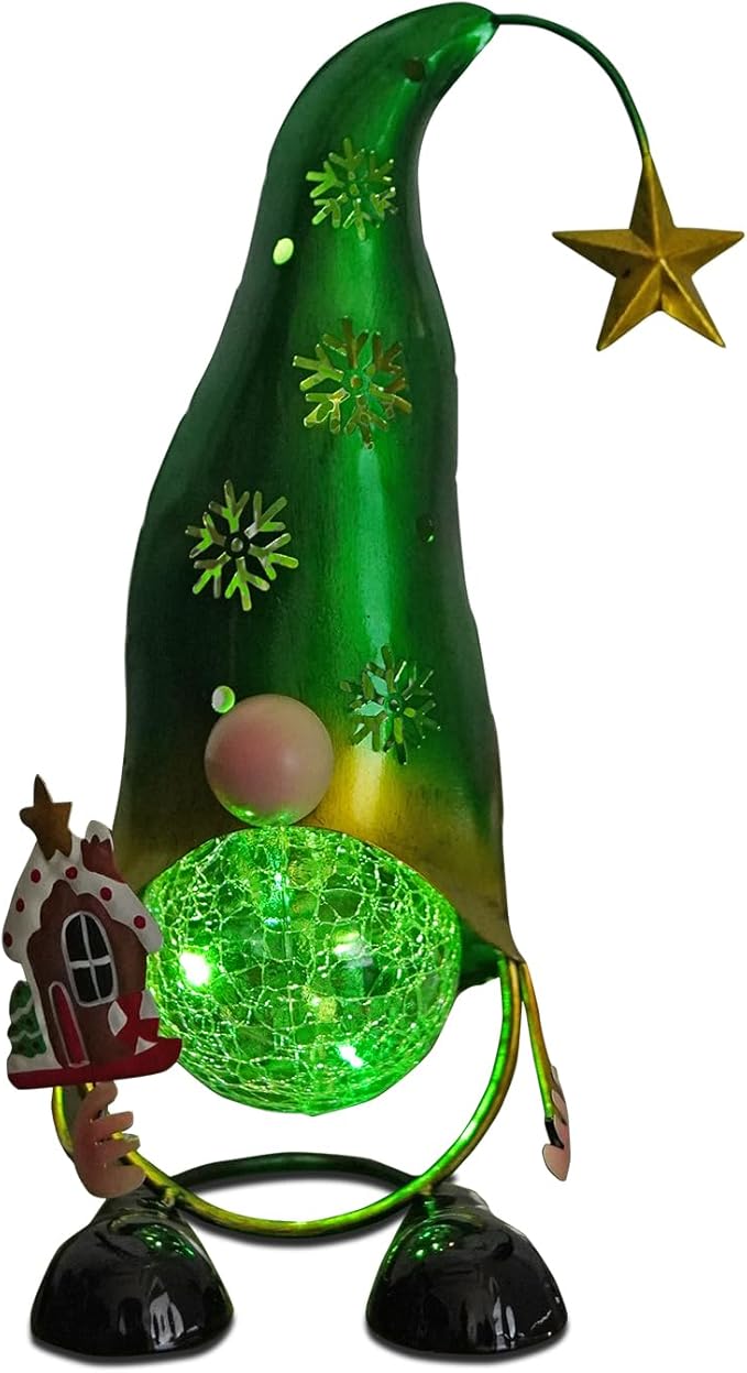 HONGLAND Christmas Gnomes Garden Decor Solar Outdoor Decorations Gnome Yard for Mom, Color Changing LED Lights with Snowflake Hollowed-Out Hat (Green)