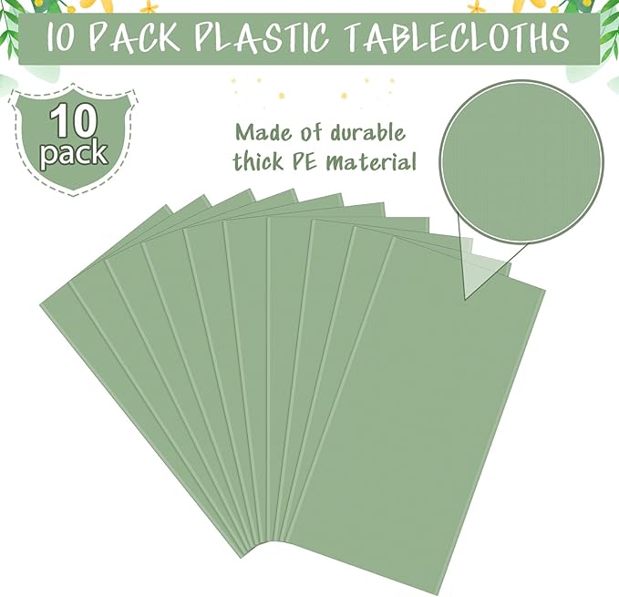 10Pack Sage Green Plastic Tablecloths for Rectangle Tables, Light Green Disposable Tablecloth, Waterproof Sage Green Table Cover for Birthday Bridal Wedding Baby Shower Party Decorations, 54 X 108Inch