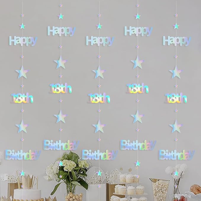 18th Birthday Decorations for Girls Iridescent Metallic Twinkle Star Garland Hanging Streamers Pre-Strung Eighteen Banner 18 Year Old Backdrop Decor Party Supplies