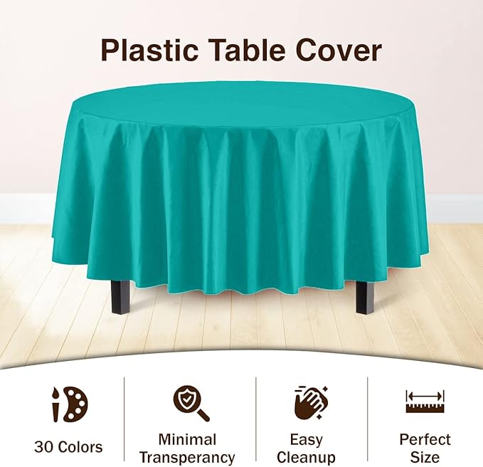 Exquisite Party Solids 6-Pack Premium Plastic Tablecloth 84in. Round Plastic Table Cover - Teal